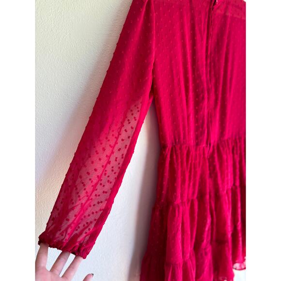 Mi Ami Womens Mini Dress Clip Dot Tiered Ruffle Neck Long Sleeve‎ Red Small - Picture 3 of 6